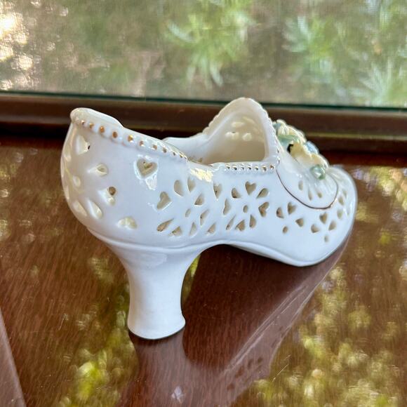 Vintage Porcelain Lattice Shoe with Applied Flowers – 8” Decorative Figurine - Picture 6 of 12